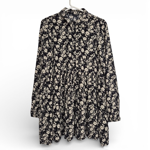 Zara Dresses & Skirts - Zara Womens Size M Black Floral Tiered Babydoll Mini Dress Long Sleeve Collared